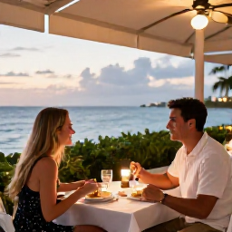 Caribbean Holidays, Cayman Couples Holidays, Elegant couple dining at an outdoor restaurant beside the sea in Grand Cayman, warm evening lighting and Caribbean dishes