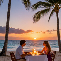 Caribbean Holidays, Cayman Couples Holidays, Romantic beachfront dinner for two on Grand Cayman, candles on a table, palm trees and a vivid Caribbean sunset