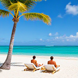Caribbean Holidays, Cayman Couples Holidays, Romantic couple relaxing on a quiet white-sand beach in Grand Cayman, palm trees, clear turquoise sea and shaded loungers