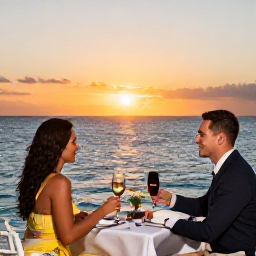 Caribbean Holidays, Cayman Couples Holidays, Romantic dinner for two at a waterfront restaurant in Grand Cayman, sunset over the Caribbean Sea and elegant table setting