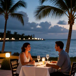 Caribbean Holidays, Cayman Couples Holidays, Romantic open-air dinner for two at a waterfront restaurant in Grand Cayman, tropical evening and soft lantern light