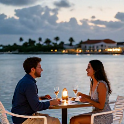 Caribbean Holidays, Cayman Couples Holidays, Romantic outdoor dinner for two at a stylish waterfront restaurant in Grand Cayman at dusk