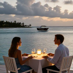 Caribbean Holidays, Cayman Couples Holidays, Romantic outdoor dinner for two beside the Caribbean Sea in Grand Cayman, warm evening light and elegant but relaxed setting