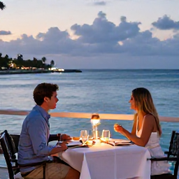 Caribbean Holidays, Cayman Couples Holidays, Romantic waterfront restaurant in Grand Cayman at dusk, couple dining outdoors with Caribbean sea views