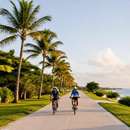 Caribbean Holidays, Cayman Couples June, A couple cycling along a quiet palm-lined road beside the coast in Grand Cayman on a bright June morning