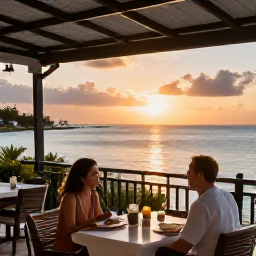 Caribbean Holidays, Cayman Couples June, A couple dining outdoors at a stylish waterfront restaurant in George Town, Cayman Islands, with sunset sea views