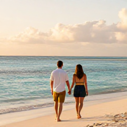 Caribbean Holidays, Cayman Couples June, A couple walking hand in hand along Seven Mile Beach in Grand Cayman at sunset, calm turquoise sea and soft golden light
