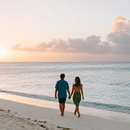 Caribbean Holidays, Cayman Couples May, A couple walking hand in hand along Seven Mile Beach in the Cayman Islands at sunrise, calm turquoise sea and soft golden light