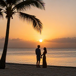 Caribbean Holidays, Cayman Couples May, Couple enjoying a peaceful sunset beside the Caribbean Sea on Grand Cayman, warm evening light and palm silhouettes