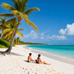 Caribbean Holidays, Cayman Couples May, Couple relaxing on the white sands of Seven Mile Beach with turquoise water, palm trees and a peaceful Cayman Islands setting