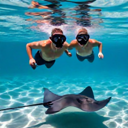 Caribbean Holidays, Cayman Couples May, Couple snorkelling with friendly stingrays in clear shallow water at Stingray City, Cayman Islands