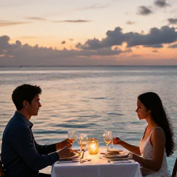 Caribbean Holidays, Cayman Couples May, Romantic waterfront dinner for two in Grand Cayman at sunset, with elegant table setting and calm Caribbean sea