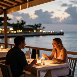 Caribbean Holidays, Cayman Couples October, A couple dining outdoors at a waterfront restaurant in Grand Cayman during a warm Caribbean evening
