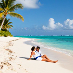 Caribbean Holidays, Cayman Couples October, A romantic couple relaxing on a quiet white-sand beach in Grand Cayman, bright turquoise water and palm trees