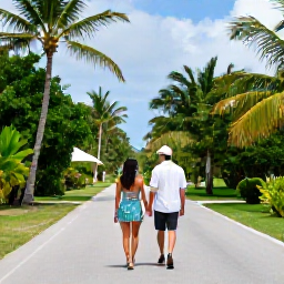 Caribbean Holidays, Cayman Couples September, Happy couple exploring a quiet tropical road and lush scenery on Grand Cayman, Caribbean holiday atmosphere