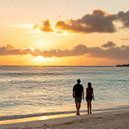 Caribbean Holidays, Cayman Couples September, Romantic sunset on Seven Mile Beach in Grand Cayman, with a couple walking beside calm turquoise water