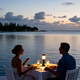 Caribbean Holidays, Cayman Couples September, Romantic waterfront dinner for two in Grand Cayman at dusk, with lanterns, local seafood and calm sea views