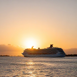 Caribbean Holidays, Cayman Cruises, A cruise ship sailing away from Grand Cayman at sunset, with glowing sky, calm sea and the island coastline in the distance