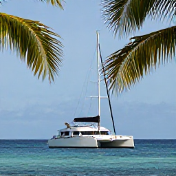 Caribbean Holidays, Cayman Cruises, A friendly Caribbean excursion scene with a catamaran, palm trees and calm blue sea around the Cayman Islands
