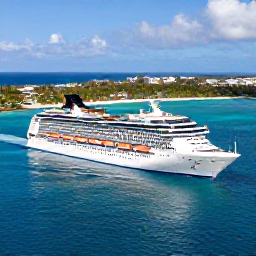 Caribbean Holidays, Cayman Cruises, A modern cruise ship approaching Grand Cayman in clear turquoise Caribbean water, with Seven Mile Beach and a sunny island coastline in the background