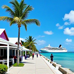 Caribbean Holidays, Cayman Cruises, Colourful George Town waterfront in Grand Cayman with local shops, caf&eacute;s, palm trees and visitors exploring on foot