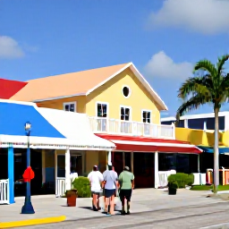 Caribbean Holidays, Cayman Cruises January, Cruise passengers exploring George Town waterfront in Grand Cayman, with colourful buildings, palm trees, local shops and bright Caribbean sunshine