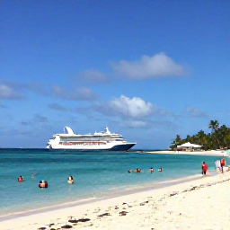 Caribbean Holidays, Cayman Cruises January, Relaxed beach scene on Seven Mile Beach in Grand Cayman during January, with visitors swimming in turquoise water, white sand, palm trees and a calm blue sky