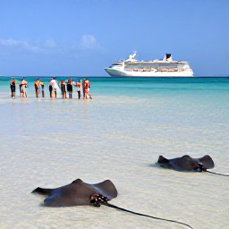 Caribbean Holidays, Cayman Cruises January, Visitors standing in calm shallow water beside friendly southern stingrays at Stingray City in Grand Cayman, with clear blue sea and a cruise ship in the distance