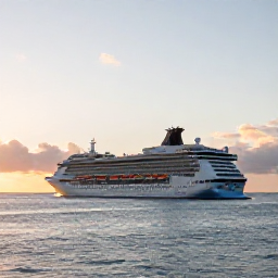 Caribbean Holidays, Cayman Cruises July, Cruise ship sailing away from Grand Cayman at sunset, with calm Caribbean sea and warm evening light