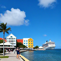 Caribbean Holidays, Cayman Cruises July, George Town waterfront in Grand Cayman with colourful buildings, palm trees, cruise passengers and bright Caribbean sunshine