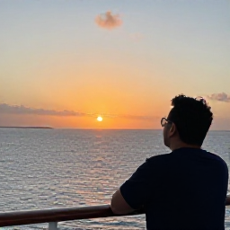 Caribbean Holidays, Cayman Cruises June, A cruise passenger watching the sunset from a ship near Grand Cayman, with calm sea, warm evening light and a distant island horizon