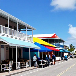 Caribbean Holidays, Cayman Cruises June, A friendly street scene in George Town, Grand Cayman, showing colourful shops, local caf&eacute;s and visitors exploring in June