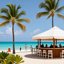 Caribbean Holidays, Cayman Cruises May, A friendly Caribbean beach bar beside Seven Mile Beach, with palm trees, turquoise sea and relaxed visitors