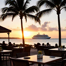 Caribbean Holidays, Cayman Cruises May, A relaxed outdoor seafood restaurant in Grand Cayman at sunset, with tables, palm trees and a cruise ship offshore