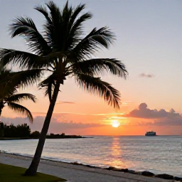 Caribbean Holidays, Cayman Cruises October, Peaceful Cayman Islands coastline at sunset in October, palm trees, calm sea and a small cruise ship in the distance