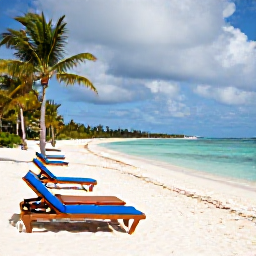 Caribbean Holidays, Cayman Cruises October, Seven Mile Beach in Grand Cayman during October, soft white sand, calm turquoise water, sun loungers and palm trees under a partly cloudy sky