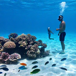 Caribbean Holidays, Cayman Cruises October, Visitors snorkelling with colourful fish near a coral reef in Grand Cayman, clear shallow water and a guide leading a small group