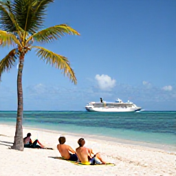 Caribbean Holidays, Cayman Cruises, Visitors relaxing on the soft sand of Seven Mile Beach, with calm turquoise sea, palm trees and a cruise ship visible offshore