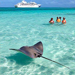 Caribbean Holidays, Cayman Cruises, Visitors swimming with friendly stingrays in shallow crystal-clear water at Stingray City, Grand Cayman