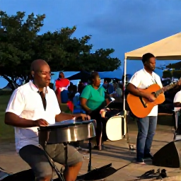 Caribbean Holidays, Cayman Culture, Caymanian musicians playing steel pan and guitar at an evening cultural celebration, with locals and visitors enjoying the event
