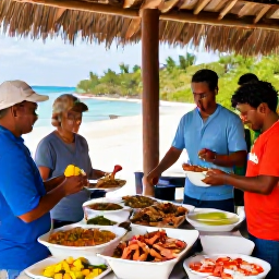 Caribbean Holidays, Cayman Culture Holidays, Caymanian fishermen preparing traditional food at a casual seaside gathering, with fresh seafood, tropical ingredients and friendly local atmosphere