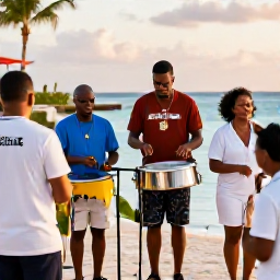Caribbean Holidays, Cayman Culture Holidays, Caymanian musicians performing steel pan and traditional music at a relaxed seaside gathering during golden afternoon light