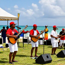 Caribbean Holidays, Cayman Culture Holidays, Caymanian musicians performing traditional Caribbean music at a lively outdoor festival near the coast