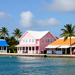 Caribbean Holidays, Cayman Culture Holidays, Colourful waterfront scene in George Town, Grand Cayman, with local Caribbean architecture, palm trees and visitors exploring the island
