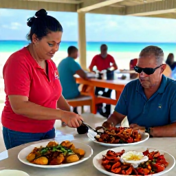 Caribbean Holidays, Cayman Culture Holidays, Local Caymanian food being prepared and served at a casual island restaurant, with fresh seafood, fritters and traditional dishes