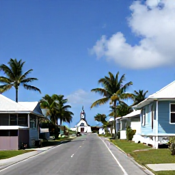 Caribbean Holidays, Cayman Culture Holidays, Peaceful traditional Caymanian village scene with a small church, wooden homes, palm trees and a quiet coastal road