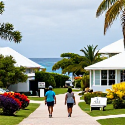 Caribbean Holidays, Cayman Culture Holidays, Visitors walking through a peaceful Caymanian village landscape with local residents, tropical gardens and the sea nearby