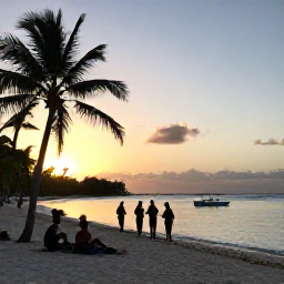 Caribbean Holidays, Cayman Culture, Relaxed Cayman Islands coastline at sunset with visitors enjoying a cultural holiday, palm trees, calm turquoise water and a small local boat