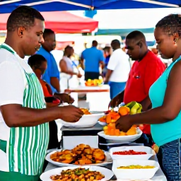 Caribbean Holidays, Cayman Culture, Traditional Caymanian food being prepared at a lively outdoor market, with seafood, fritters, tropical fruit and friendly local vendors