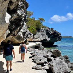 Caribbean Holidays, Cayman December Adventure, Hikers walking along a rugged coastal trail on Cayman Brac with limestone cliffs, native vegetation and blue sea in the background